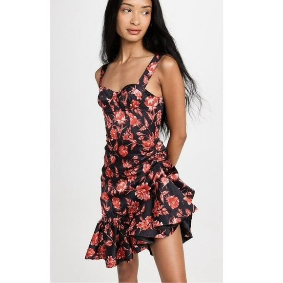 Autumn Adeigbo// Floral Black and Red Zoe Asymmetrical Ruffle Hem Dress - Picture 2 of 10